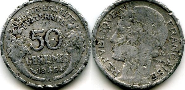 Монета 50 сентимов 1945г В Франция