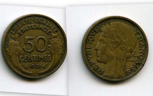 Монета 50 сентимов 1931г Франция