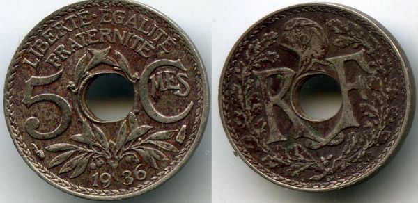 Монета 5 сентим 1936г Франция