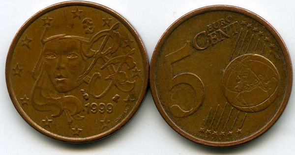 Монета 5 евроцентов 1999г Франции