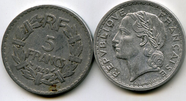 Монета 5 франков 1949г В Франция