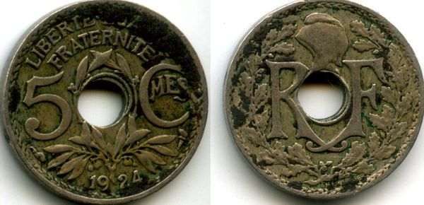 Монета 5 сентим 1924г с Франция
