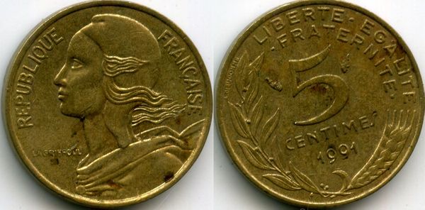 Монета 5 сентим 1991г Франция