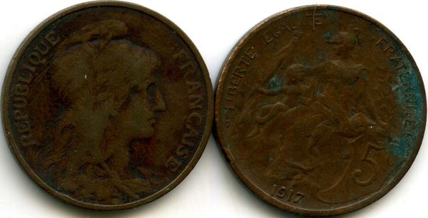 Монета 5 сентим 1917г Франция