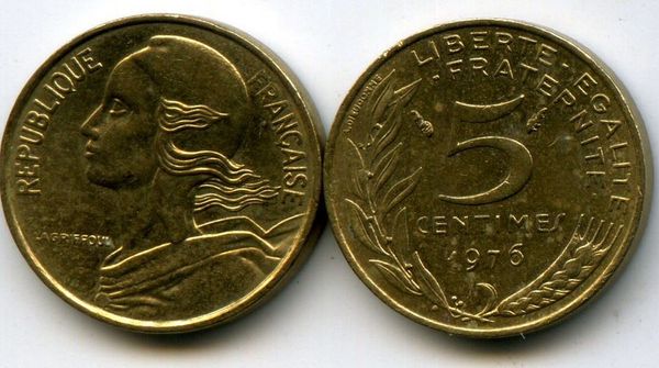 Монета 5 сентим 1976г Франция