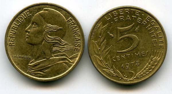Монета 5 сентим 1978г Франция