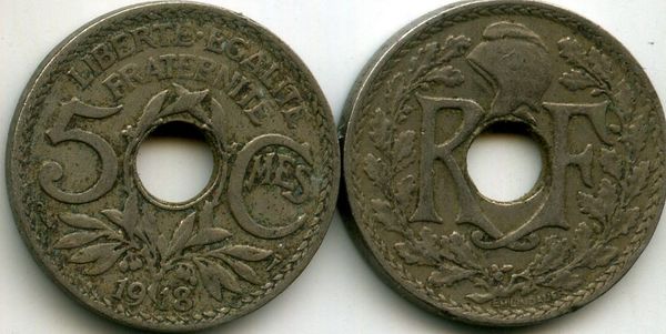 Монета 5 сентим 1918г Франция
