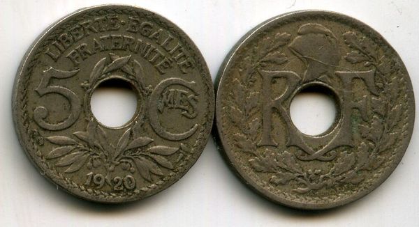 Монета 5 сентим 1920г большая Франция