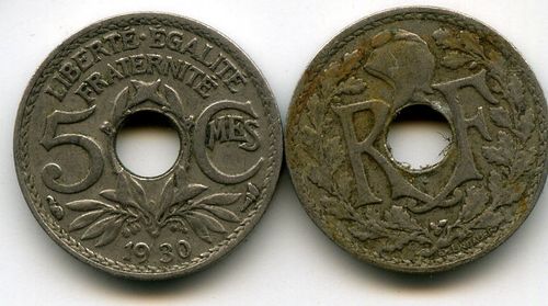 Монета 5 сентим 1930г Франция