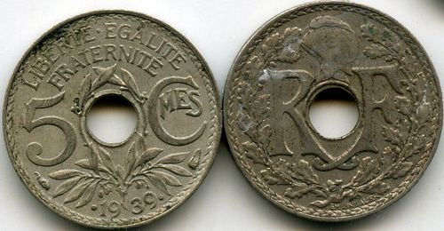 Монета 5 сентим 1939г Франция