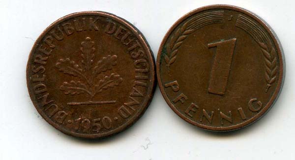 Монета 1 пфенинг 1950г J Германия