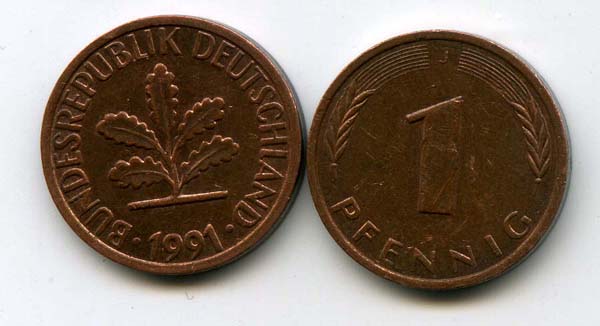 Монета 1 пфенинг 1991г F Германия