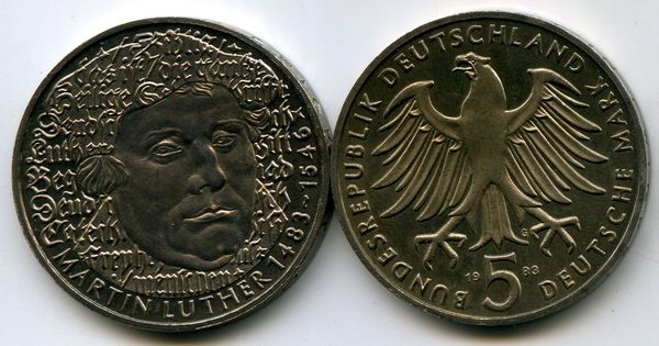 Монета 5 марок 1983г Мартин Лютер Германия