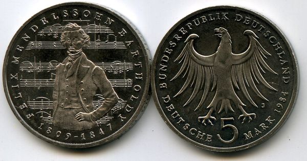 Монета 5 марок 1984г Мендельсон Германия