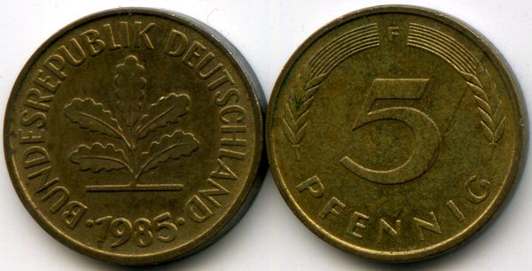 Монета 5 пфенинг 1984г G Германия