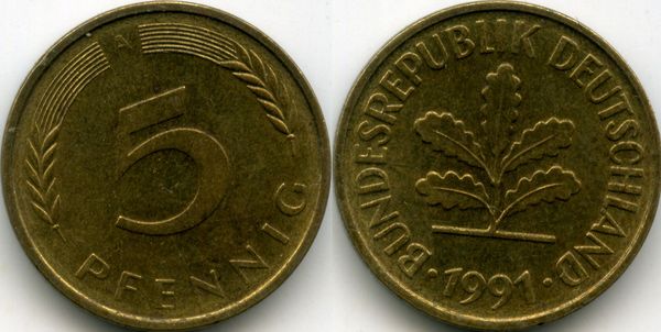 Монета 5 пфенинг 1991г А Германия