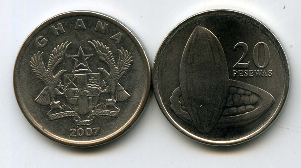 Монета 20 песевас 2007г Гана