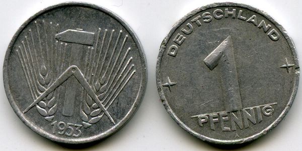 Монета 1 пфенинг 1953г Германия