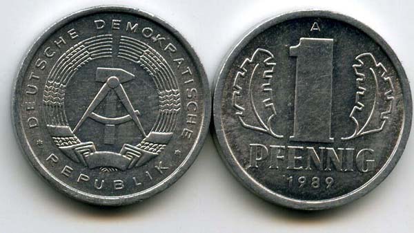 Монета 1 пфенинг 1989г Германия