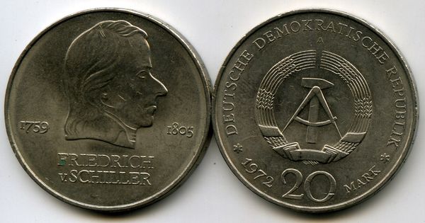 Монета 20 марок 1972г Шиллер Германия