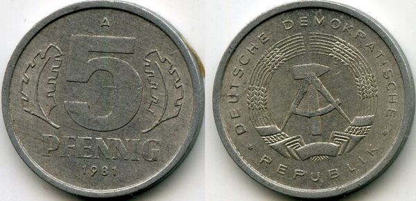 Монета 5 пфенингов 1981г Германия
