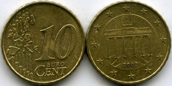 Монета 10 евроцентов 2002г G Германия