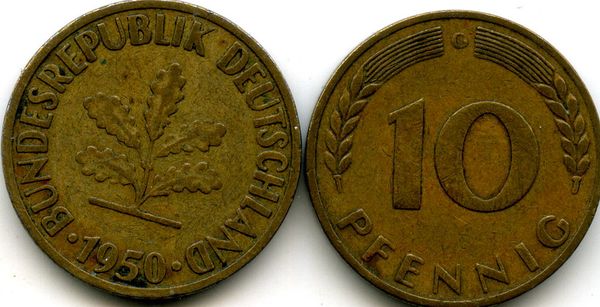 Монета 10 пфенингов 1950г G Германия
