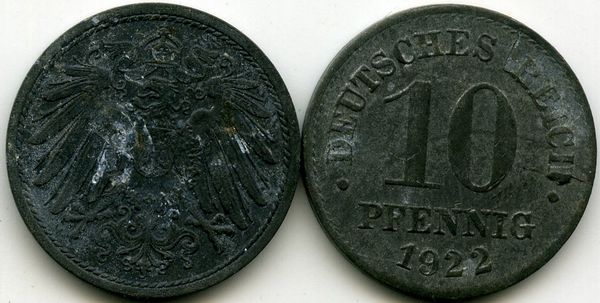 Монета 10 пфенингов 1922г Германия