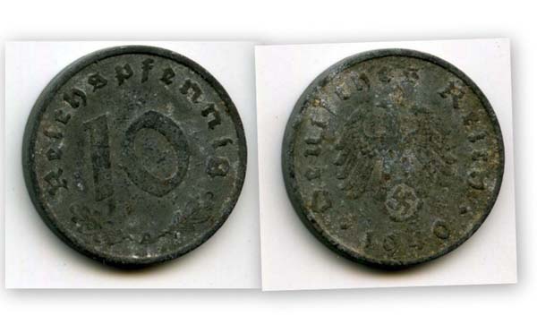 Монета 10 рейхспфенингов 1940г А Германия