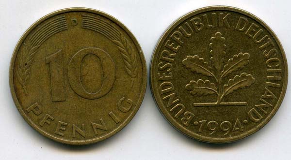 Монета 10 пфенингов 1994г G Германия