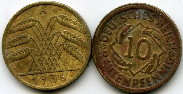 Монета 10 рейхспфенингов 1936г А Германия