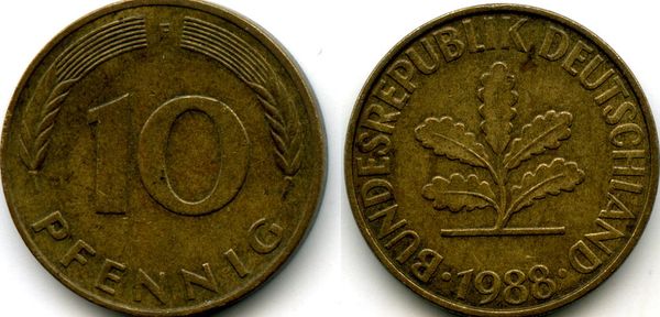 Монета 10 пфенингов 1988г F Германия
