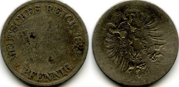 Монета 10 пфенингов 1874г Германия