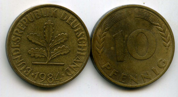 Монета 10 пфенингов 1984г G Германия