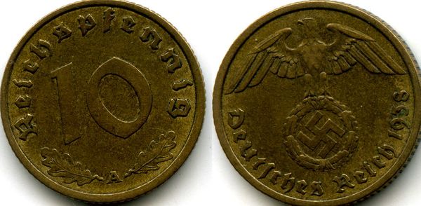 Монета 10 рейхспфенингов 1938г А Германия