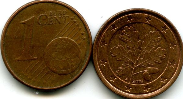 Монета 1 евроцент 2016г А Германия