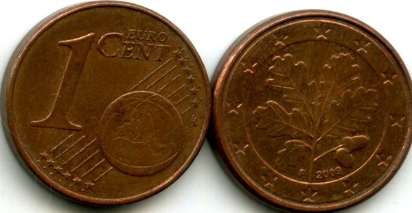 Монета 1 евроцент 2009г F Германия