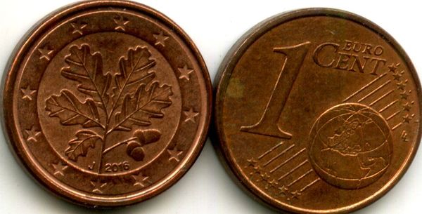 Монета 1 евроцент 2016г J Германия