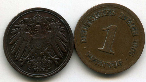 Монета 1 пфенинг 1905г Германия