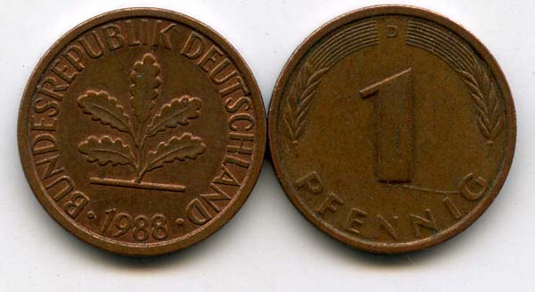 Монета 1 пфенинг 1988г J Германия