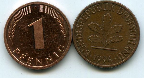 Монета 1 пфенинг 1994г F Германия