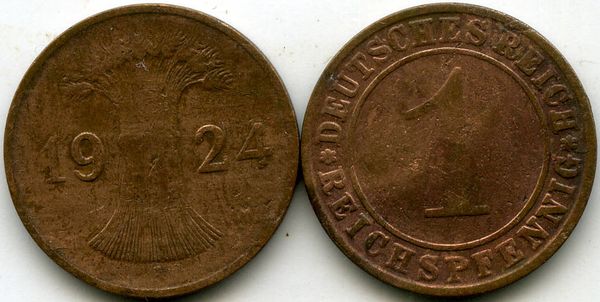 Монета 1 рейхспфенинг 1924г А Германия