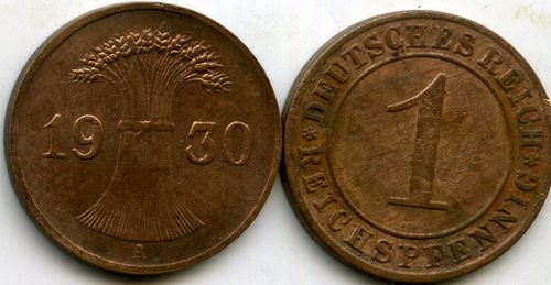 Монета 1 рейхспфенинг 1930г А Германия