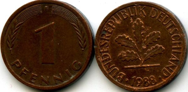 Монета 1 пфенинг 1988г F Германия