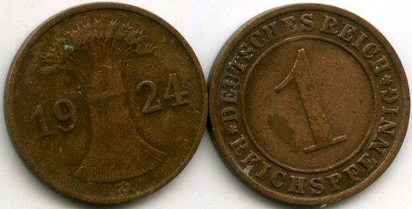 Монета 1 рейхспфенинг 1924г J Германия