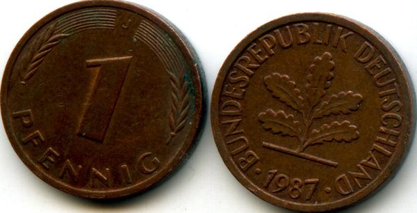 Монета 1 пфенинг 1987г J Германия