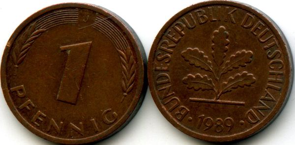 Монета 1 пфенинг 1989г J Германия