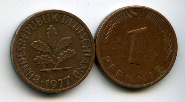 Монета 1 пфенинг 1977г G Германия