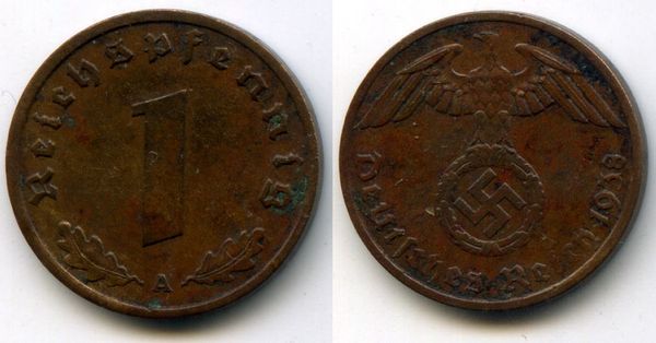 Монета 1 рейхспфенинг 1938г А Германия