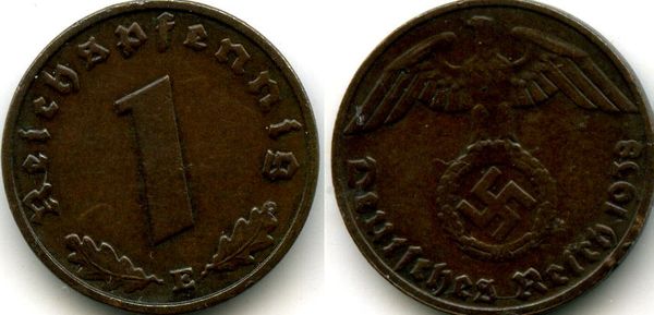 Монета 1 рейхспфенинг 1938г Е Германия